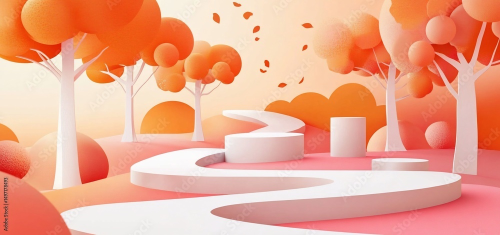 Poster abstract autumnal landscape with winding path and display platforms.