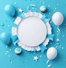 Festive birthday background with blank circle, balloons, cupcakes, and confetti.