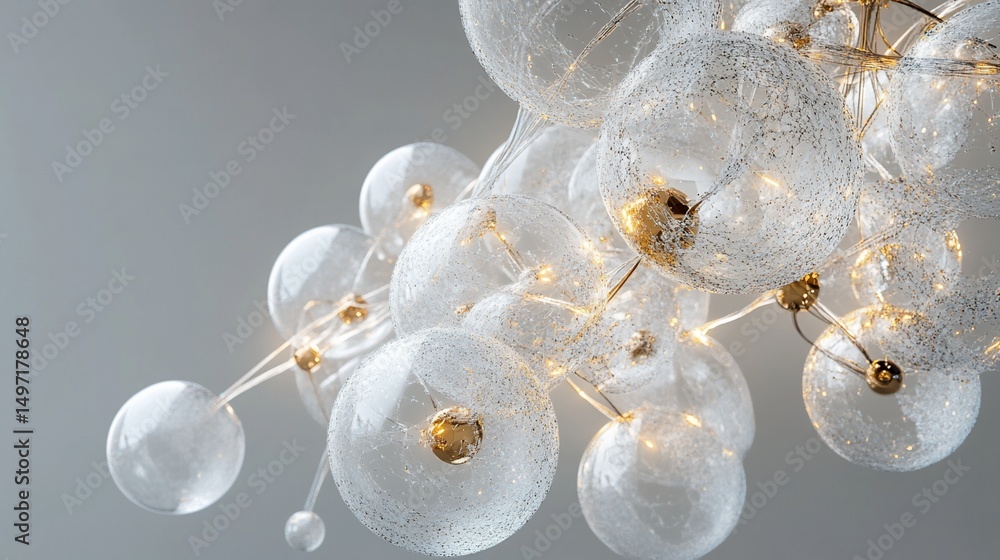 Poster abstract art glass spheres illuminated with warm light, creating a complex, interconnected structure