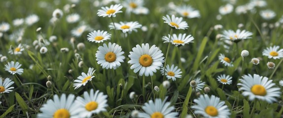 Fototapeta premium Daisies in a green grassy field with white petals and yellow centers, abundant and blooming during daytime. Nature, flowers, and outdoor scenery.