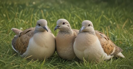 Two turtle doves nestled close, soft grass backdrop, turtle dove,  bird