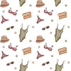 Seaside vacation, beach, tropical. Summer vacation. Mediterranean. Shells, plants, items for vacation.