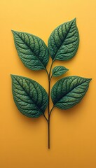 Obraz premium Single Sprig of Vibrant Green Leaves, Isolated on Solid Yellow Background, Minimalist Design.