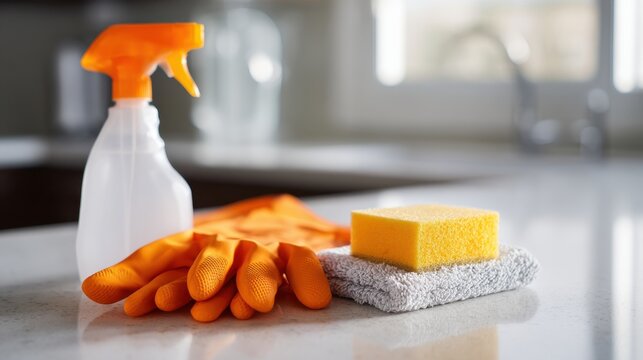 Cleaning Supplies On Kitchen Counter With Spray Bottle, Gloves, Sponge, And Cloth. Essential Tools For Maintaining A Clean And Hygienic Home Environment