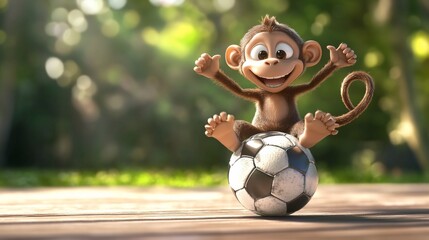 Happy cartoon monkey sitting on a soccer ball outdoors.