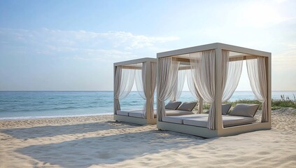 Two beach cabanas with curtains on a sandy beach by the ocean.