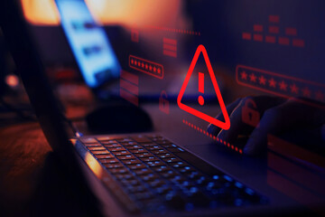 Security warning alert for hacker attack and data breach, cyberattack, phishing attack to steal user password.