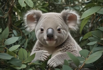 Adorable koala joey nestled amongst eucalyptus leaves, seamless repeat , illustration, koala, fauna