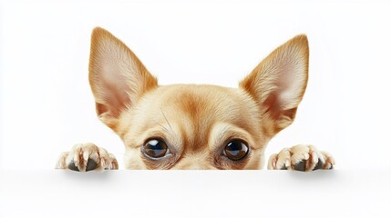 Cute Chihuahua puppy peeking over white background.