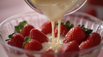 Creamy sauce pouring over fresh strawberries in a glass bowl.