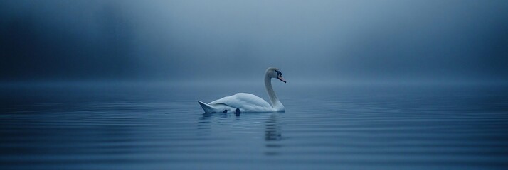 Solitary swan gracefully gliding on serene, misty water.