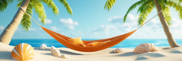 Relaxing hammock on a tropical beach with seashells.