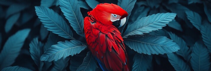 Vibrant red macaw parrot nestled amongst lush teal foliage.