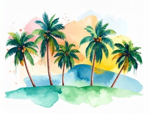 Obraz premium Watercolor tropical holiday background with palm trees