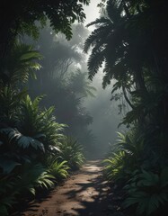 Dark, moody shadow falls across lush, exotic foliage ,  emerald,  art,  black