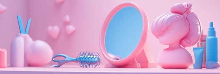 Pink pastel vanity scene with hairbrush, mirror, and hair styling products.