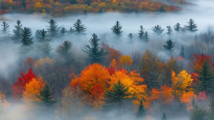 Misty autumn forest with vibrant foliage.