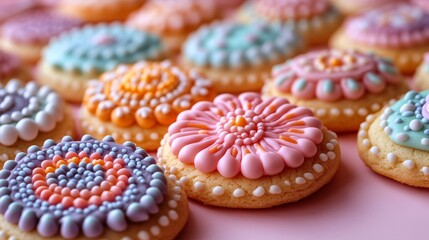Colorful Decorated Cookies with Intricate Designs on Pink Surface