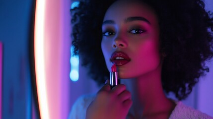 Close-up of a young woman with afro hairstyle applying red lipstick in front of a neon light mirror.