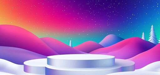 Winter wonderland snowy hills with vibrant aurora borealis sky and a product display podium.