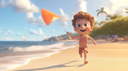 Happy boy running on beach with kite, sunny day.