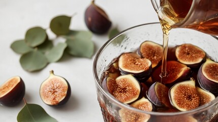 Honey pouring over sliced figs in a glass bowl with eucalyptus leaves.