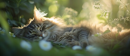 Fluffy tabby cat sleeps peacefully in sunlit meadow amidst blooming flowers.