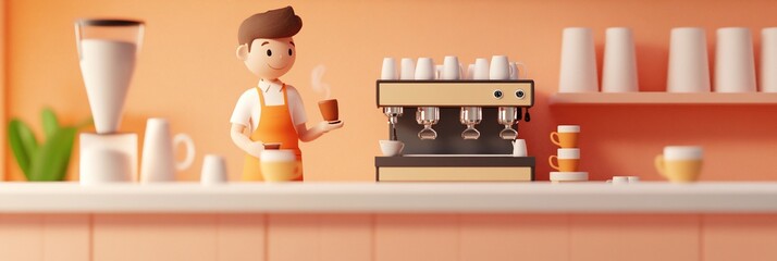 Cartoon barista serving coffee at a cafe counter with espresso machine and milk.