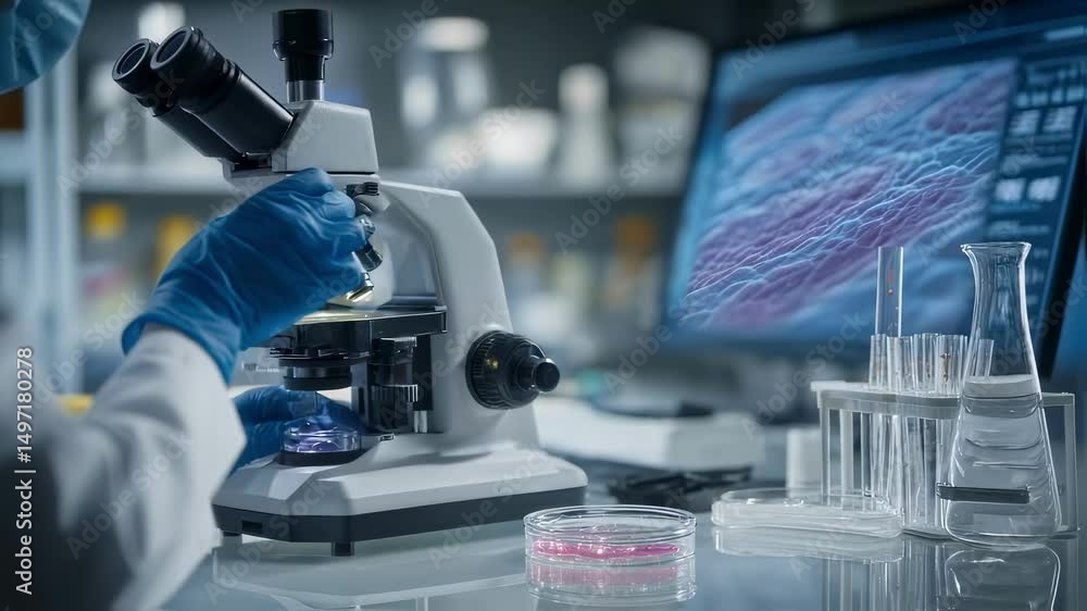 Poster laboratory technician wearing gloves and mask uses microscope, analyzing petri dish samples and comp