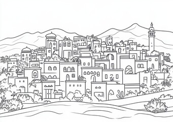 Schwarz-Wei&szlig;-Illustration einer mediterranen Stadtlandschaft