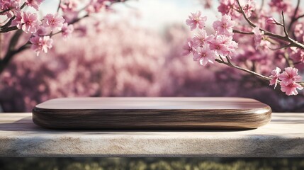 Wooden display platform on light stone surface with blurred pink cherry blossoms background.