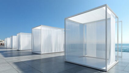 Modern white beach cabanas with sheer curtains, overlooking the ocean on a sunny day.