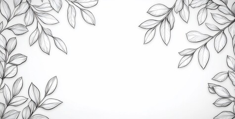 Monochrome leaf branches frame on white background, copy space.