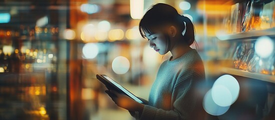 Woman using tablet at night in a bookstore.