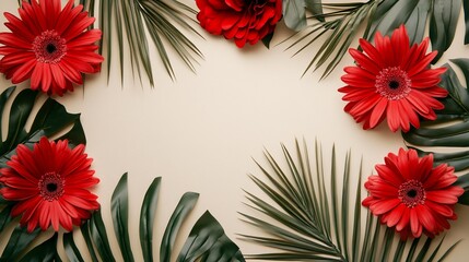 Red gerbera daisies and tropical leaves frame beige background.