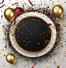 Festive black circle frame with gold, red balloons, confetti, and ribbons on white background.