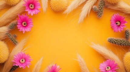 Yellow background with pink flowers, cacti, and wheat. Copy space in the center.