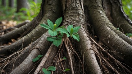 Young plant growing among tree roots with thick, textured bark. Nature and plant growth, concept. Ecology and environment, the vital connection between plants and roots.