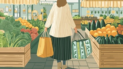 Woman shopping for fresh produce at a farmer's market, carrying reusable bags filled with fruits and vegetables.