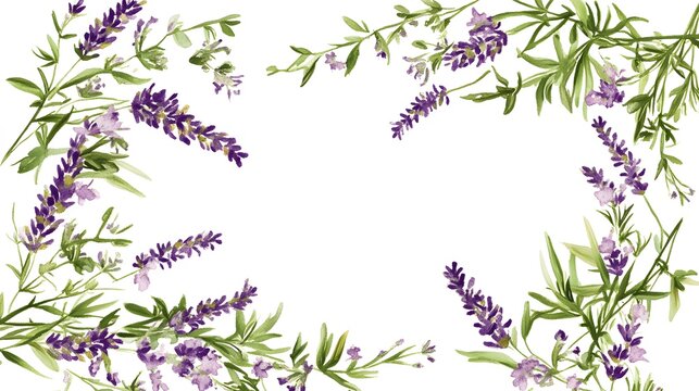 Vibrant floral border design composed of various lavender sprigs and leaves.