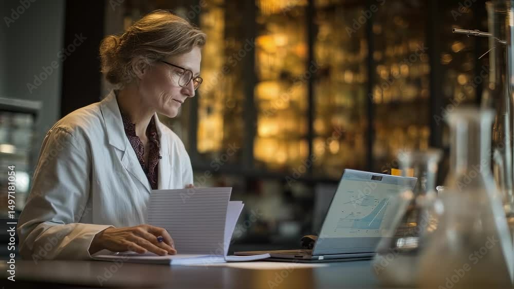 Poster female scientist wearing lab coat sitting at desk in laboratory, working on laptop and taking notes,