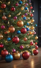 Vibrant baubles adorn a Christmas tree, glowing amidst a bokeh of festive lights ,  winter,  merry,  glow