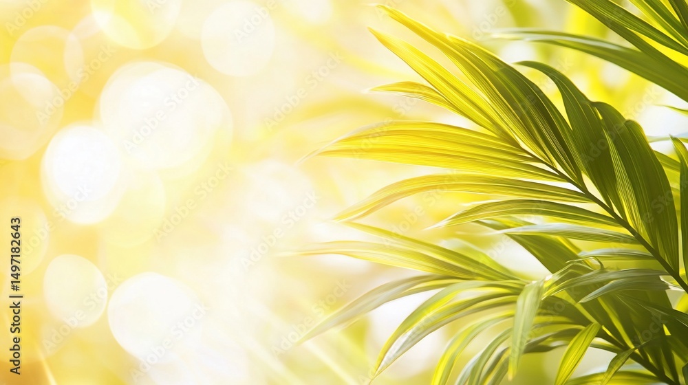 Poster sunlit green palm leaves with bokeh background.