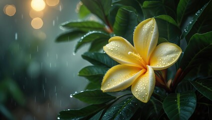 Fototapeta premium Yellow flower with rain droplets on dark green leaves after rain, with blurred lights in background. Close-up nature shot of blooming plant.