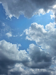 Beautiful sky with cumulus clouds. Blue sky clouds background, beautiful landscape with clouds. Clear blue sky and white clouds. High resolution wallpaper. Sunny day. Clean blue sky for background.