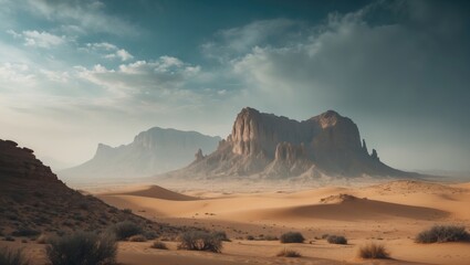 Naklejka premium Desert landscape with mountains in the background under a partly cloudy sky.