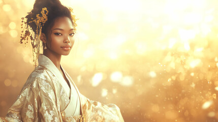 A regal young woman, adorned in a shimmering gold kimono and intricate headpiece, radiates grace and serenity against a sun-drenched, bokeh-filled background.