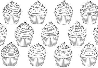 Cupcake coloring page dessert sweet treat bakery pastry cake frosting delicious yummy food drawing lineart in black and white for adult coloring book. can use for print , coloring and card design