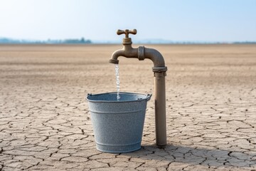 Naklejka premium Dried-up public water tap with rusty bucket on cracked earth in drought-stricken area