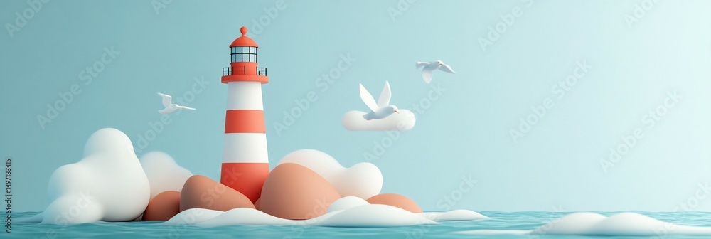 Poster red and white lighthouse on a small island surrounded by clouds and seagulls.
